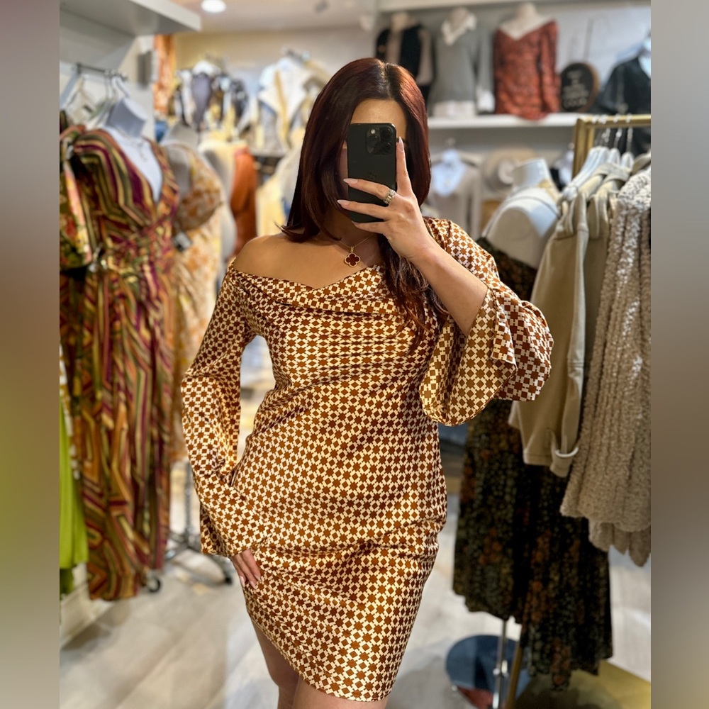 Cowl Neck Long Sleeve Mini Satin Dress